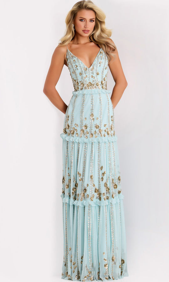 Jovani 44060 - Floral Sequin Tiered A-Line Evening Gown