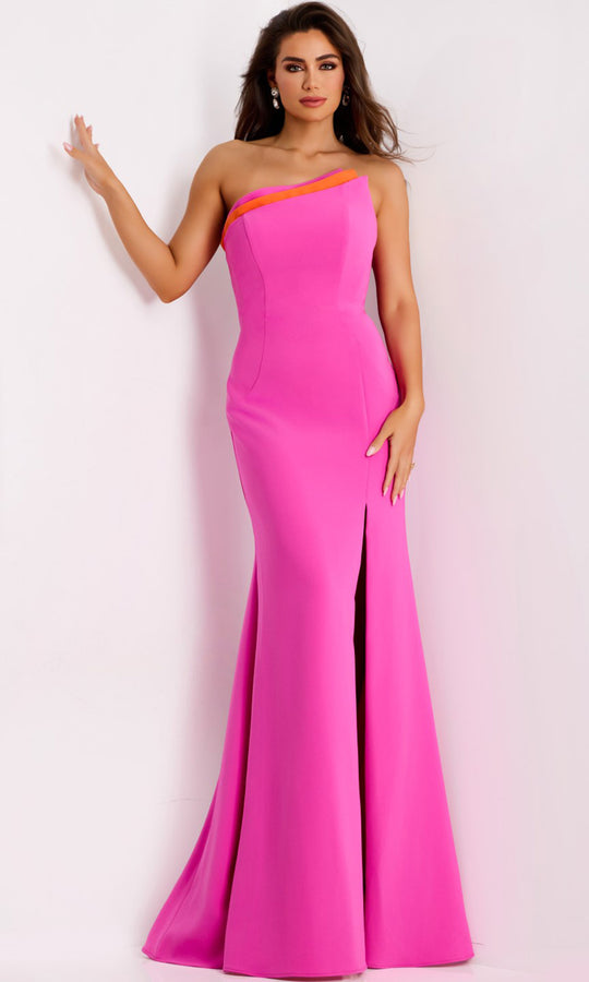 Jovani 44267 - Two-Tone Trim Asymmetric Scuba Gown