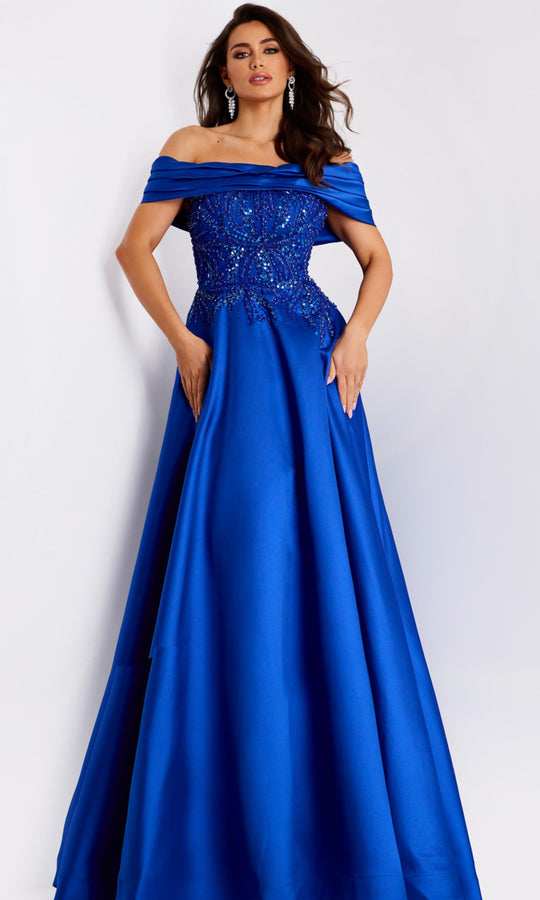 Jovani 44308 - Beaded Off-Shoulder A-Line Gown