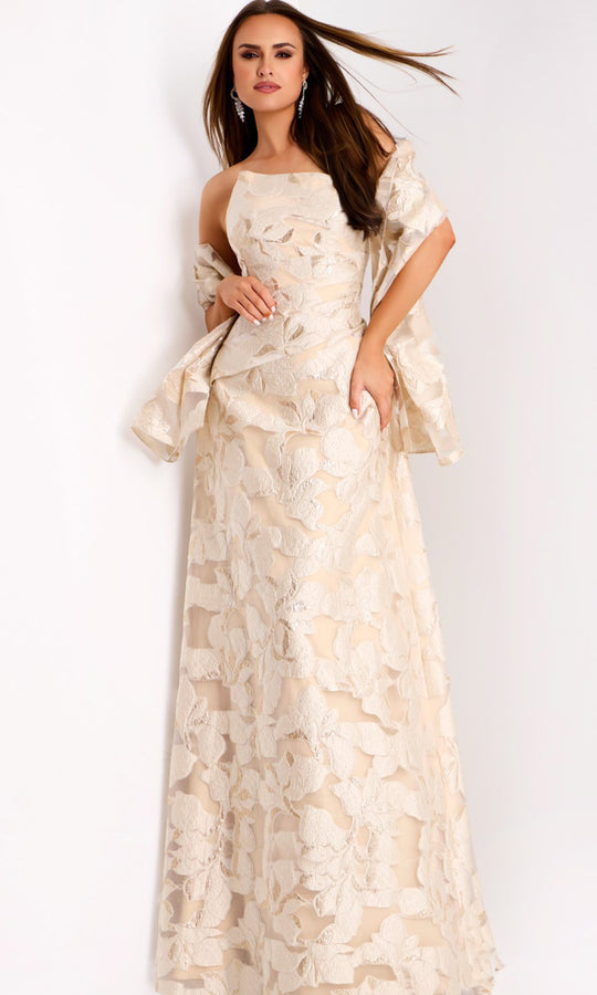 Jovani 44370 - Strapless Asymmetric Neck Jacquard Gown