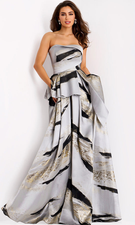 Jovani 44387 - Strapless Abstract Peplum Ballgown