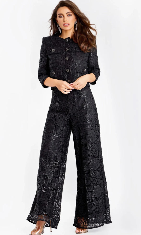 Jovani 44471 - Embroidered Floral Three-Quarter Sleeve Pantsuit