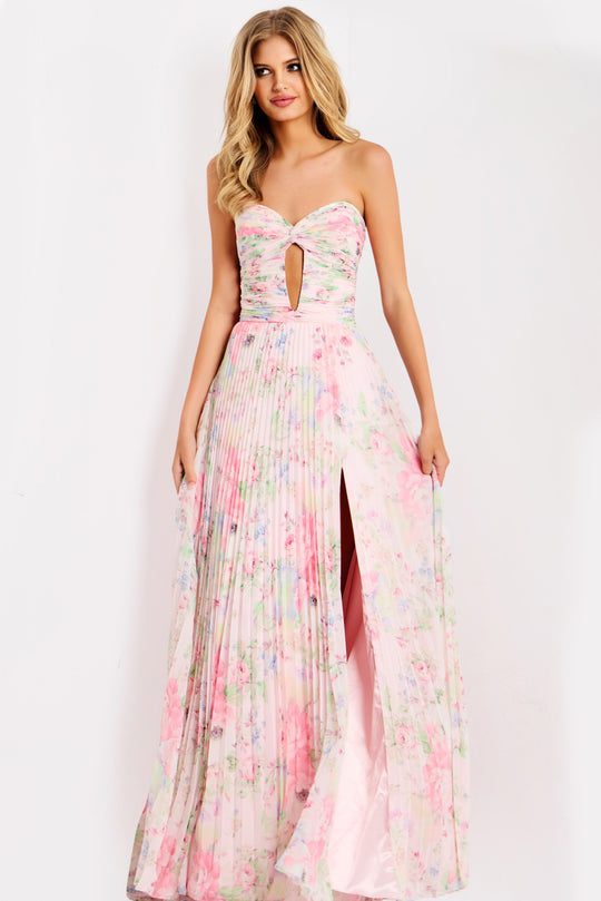 Jovani 44518 - Floral Pleated Chiffon A-Line Dress