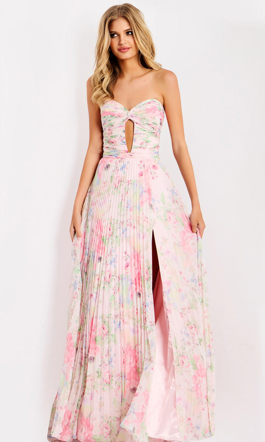 Jovani 44518 - Floral Pleated Chiffon A-Line Dress