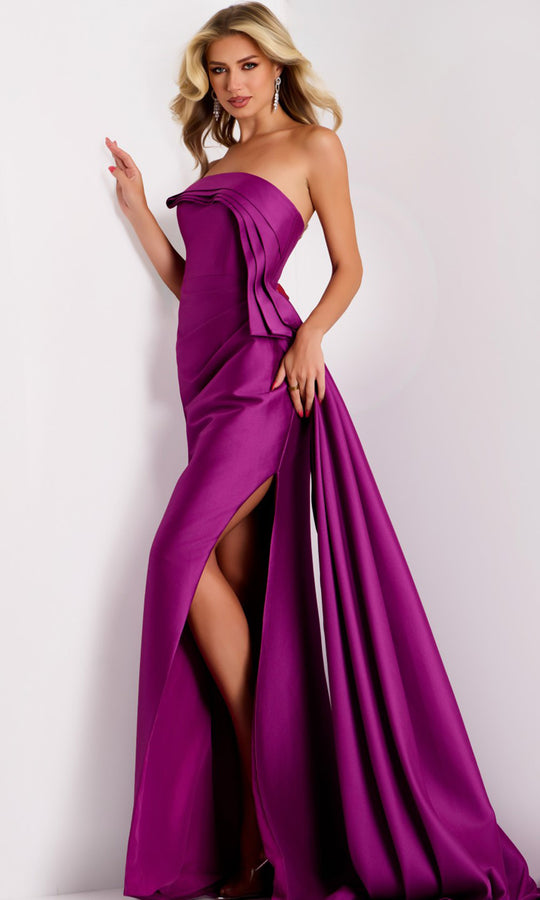 Jovani 44526 - Straight Neckline Satin Gown with Side Draped