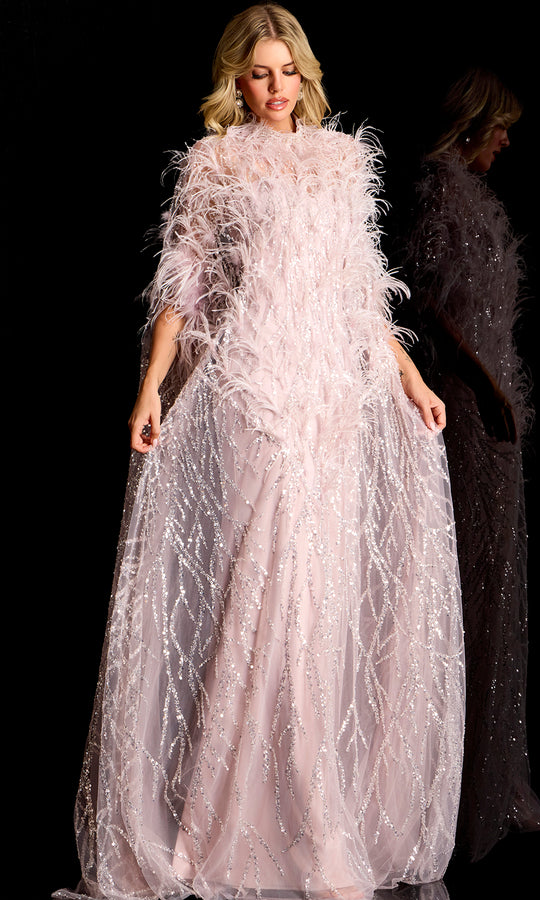 Jovani 44593 - Feather Embellished Cape Sleeve Evening Gown