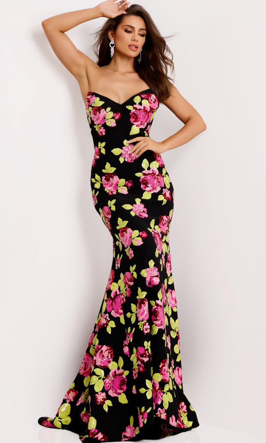 Jovani 44617 - Floral Sequin Sweetheart Evening Gown