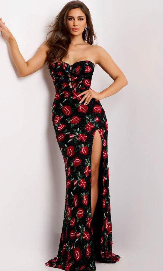 Jovani 44633 - Beaded Floral Strapless Sheath Gown