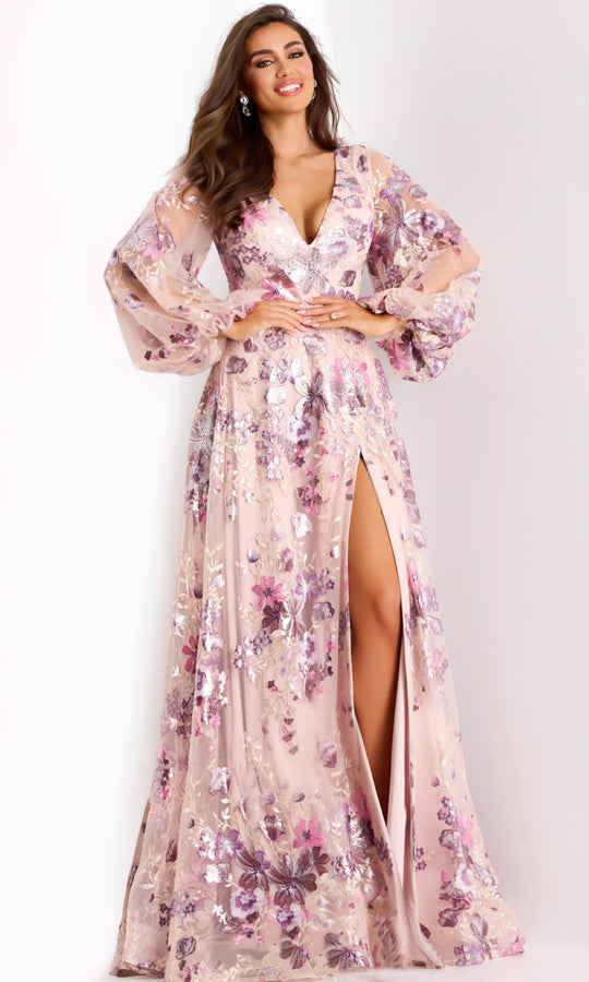 Jovani 44655 - Long Sleeve Metallic Embroidered Gown