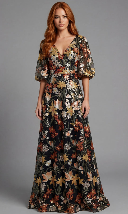 Jovani 44656 - Floral Pattern Puff Sleeve Long Gown