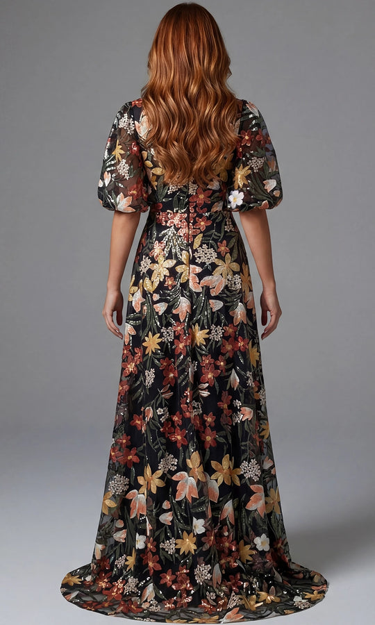 Jovani 44656 - Floral Pattern Puff Sleeve Long Gown