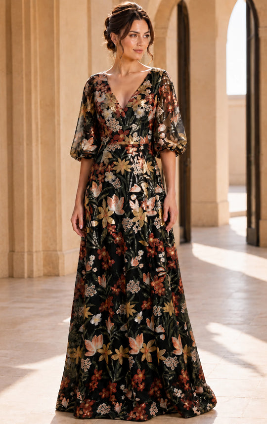 Jovani 44656 - Floral Pattern Puff Sleeve Long Gown