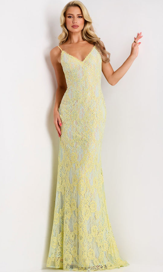Jovani 44668 - Spaghetti Strap Floral Lace Sheath Gown