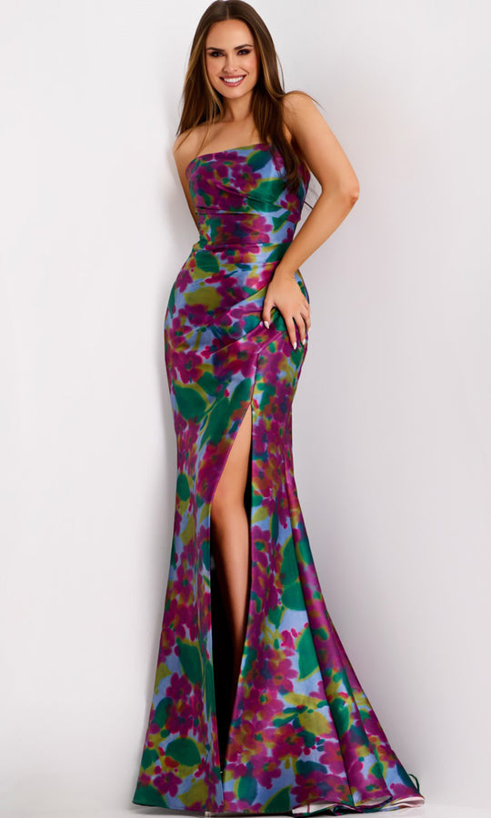 Jovani 44714 - Strapless Watercolor Floral Print Gown