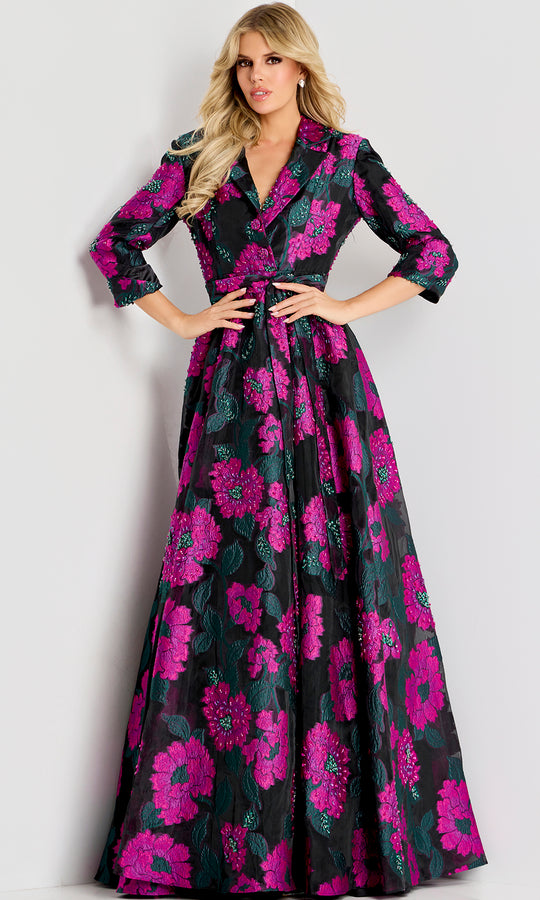 Jovani 44716 - Three-Quarter Sleeve Floral A-Line Gown