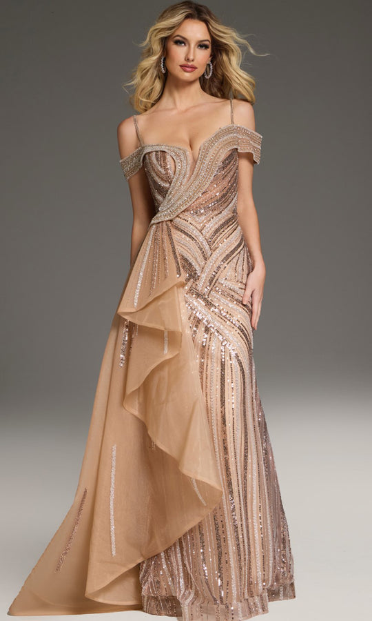 Jovani 44843 - Beaded Off Shoulder Gown with Side Overskirt