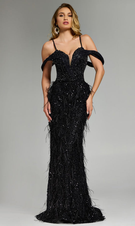 Jovani 44848 - Feathered Cold Shoulder Evening Gown