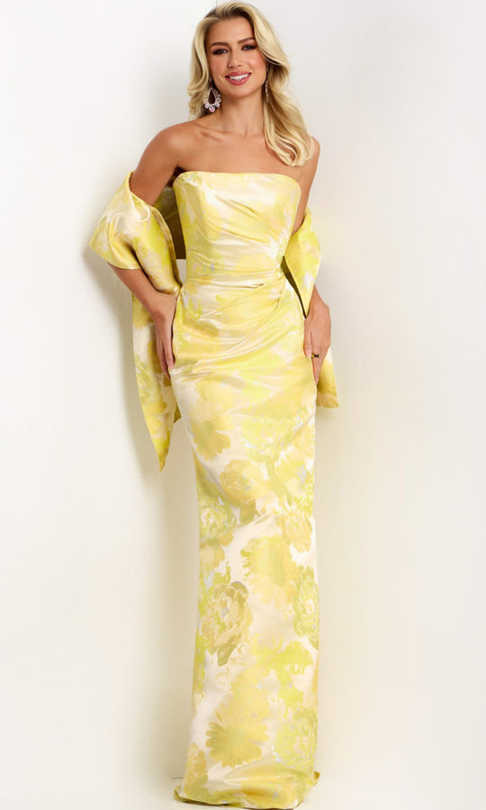 Jovani 45289 - Strapless Floral Jacquard Column Gown