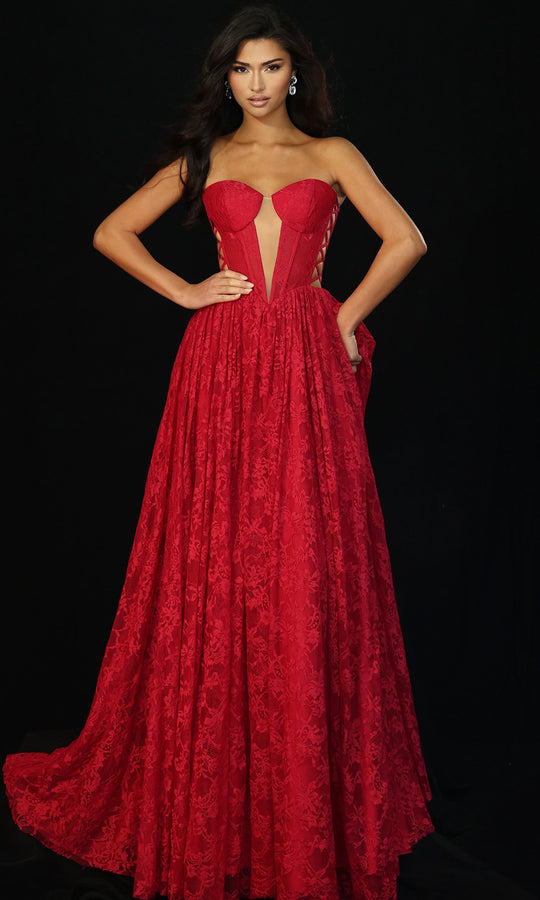 Jovani 45372 - Lace-Up Detail Strapless A-Line Gown