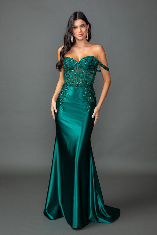 Dancing Queen 4540 - Satin Corset Mermaid Evening Dress In Green