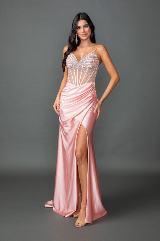 Dancing Queen 4541 - Beaded Sheer Corset Mermaid Prom Dress In Pink