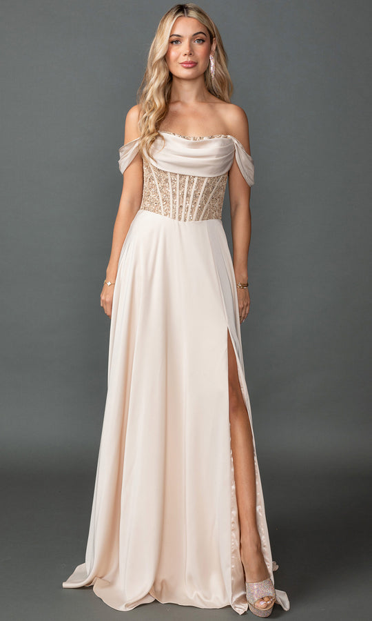 Dancing Queen 4546A - Off-Shoulder Corset Satin Prom Dress