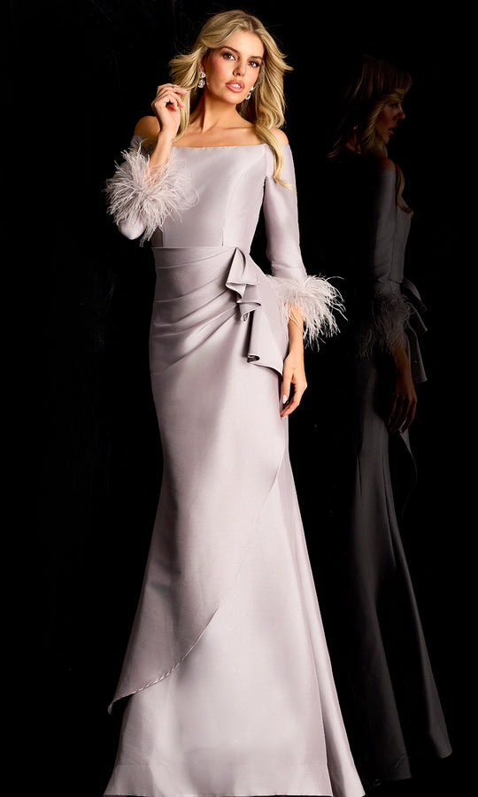 Jovani 45515 - Feathered Sleeve Cuff Draped Evening Gown