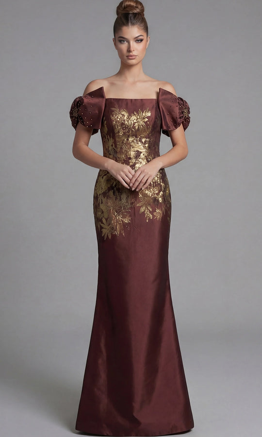 Jovani 45579 - Metallic Floral Short Puff Sleeve Gown
