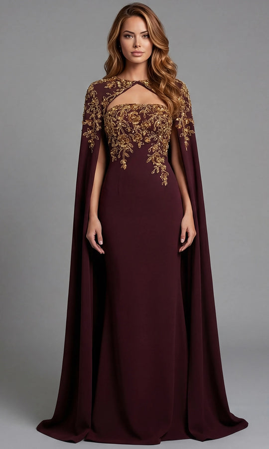 Jovani 45582 - Embroidered Cape Sleeve Sheath Gown