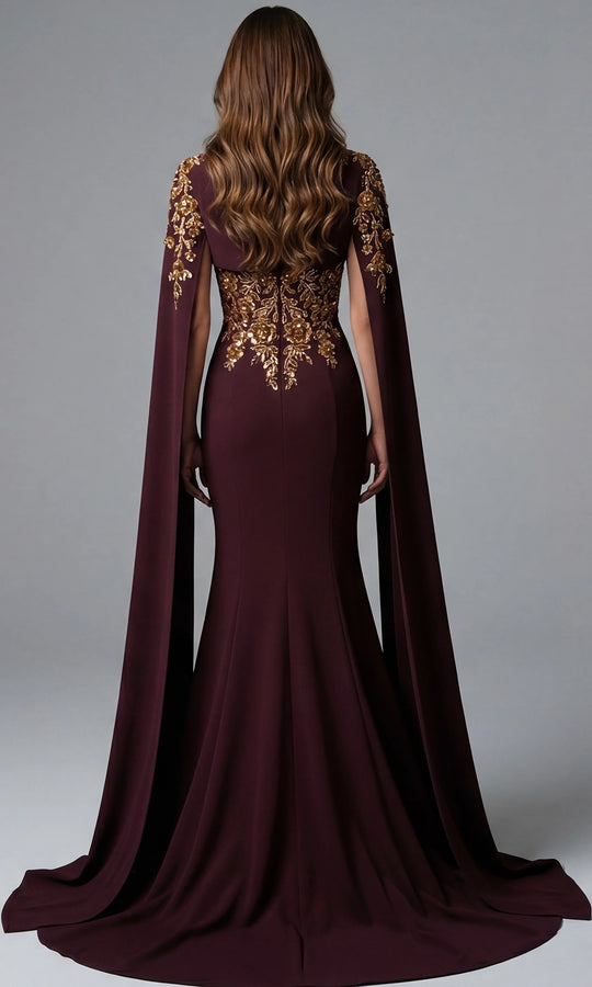 Jovani 45582 - Embroidered Cape Sleeve Sheath Gown