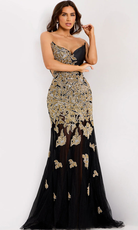 Jovani 45604 - Beaded Applique V-Neckline Evening Gown