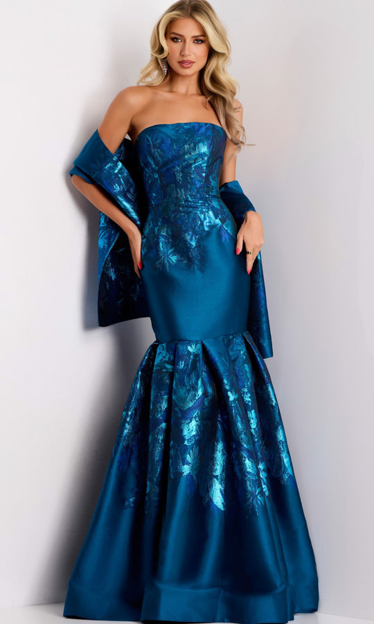 Jovani 45614 - Strapless Metallic Floral Gown with Shawl