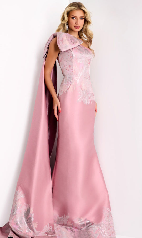Jovani 45615 - Metallic Jacquard Draped Cape Trumpet Gown