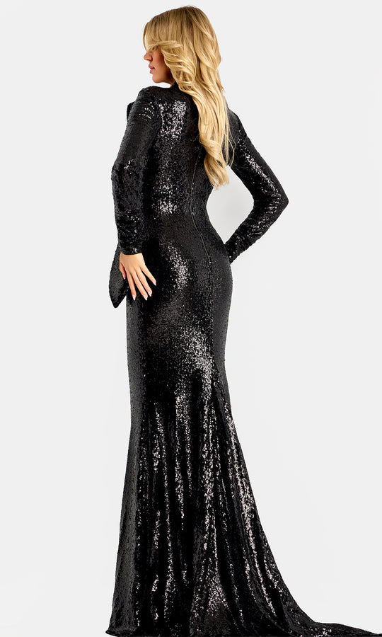 Jovani 45616 - Sequined Long Sleeve Gown with Draped Front