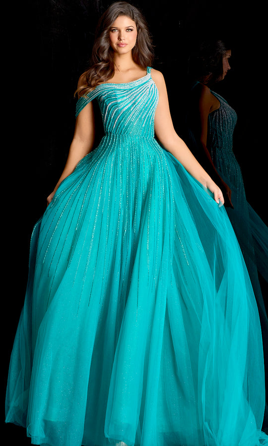 Jovani 45645 - Draped Shoulder Cape Embellished A-Line Gown