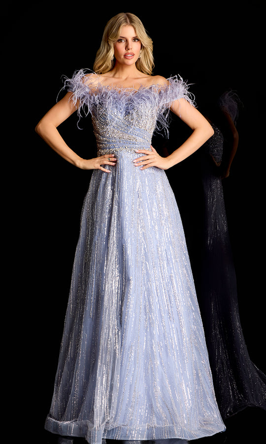 Jovani 45647 - Beaded Tulle Off Shoulder Gown with Feathers