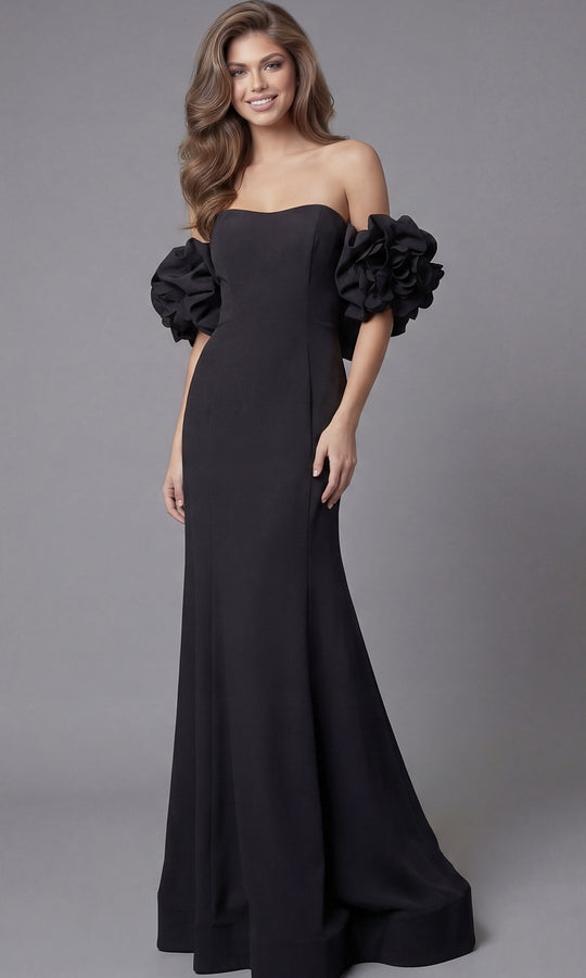 Jovani 45653 - Ruffled Off Shoulder Scuba Long Gown