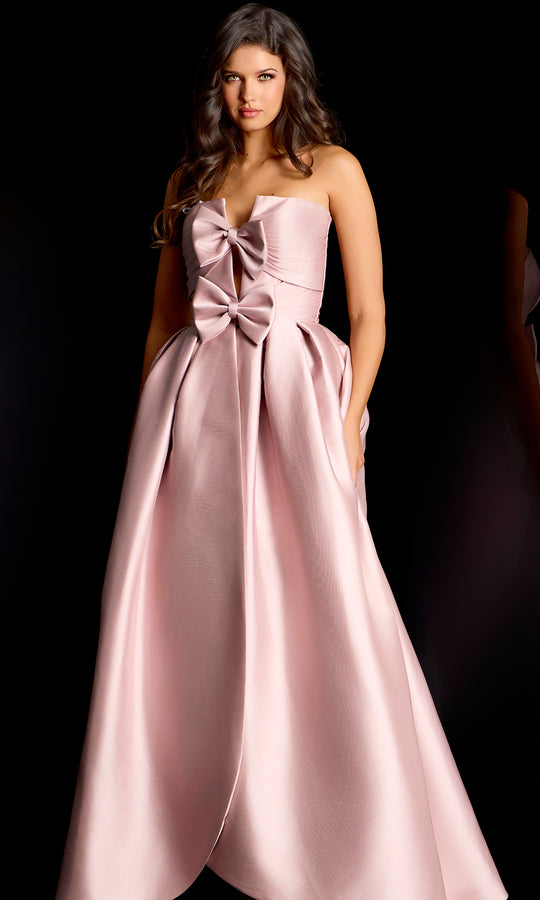 Jovani 45672 - Pleated Skirt Mikado Satin Gown with Front Bow
