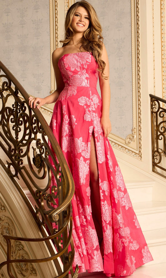 Jovani 45721 - Floral Jacquard Straight Neckline Gown