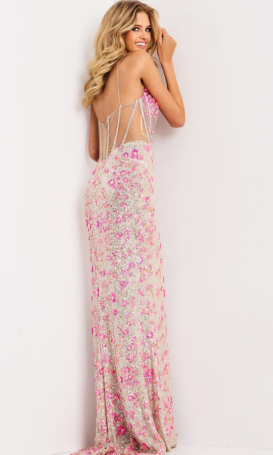 Jovani 45774 - Floral Applique Illusion Plunging Prom Dress