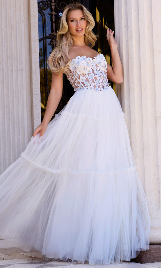 Jovani 45866 - Floral Applique Strapless Tulle Gown