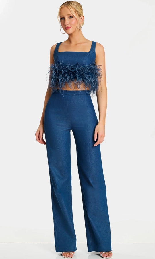 Jovani 45973 - Feather Trim Square Neck Two Piece Pantsuit