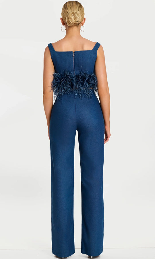 Jovani 45973 - Feather Trim Square Neck Two Piece Pantsuit