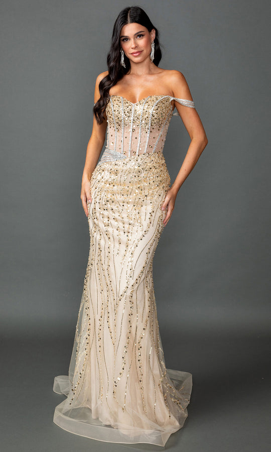 Dancing Queen 4598 - Illusion Corset Off Shoulder Beaded Prom Gown