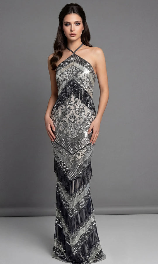 Jovani 46046 - Halter Fringe Embellished Column Gown