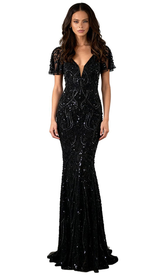 Jovani 46061 - Fully Beaded Flutter Sleeve Evening Gown