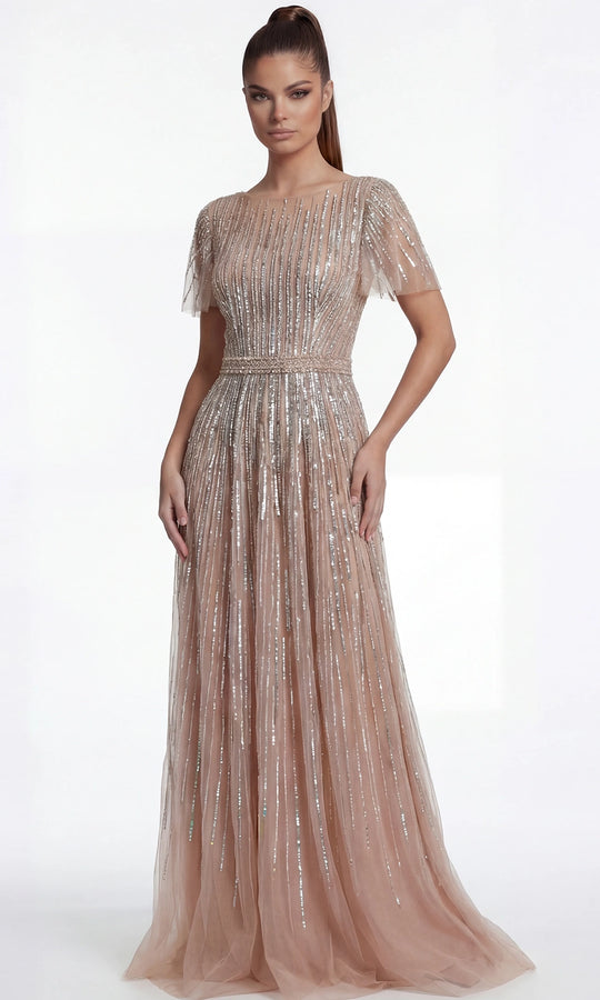 Jovani 46063 - Linear Beadwork Flutter Sleeve Evening Gown
