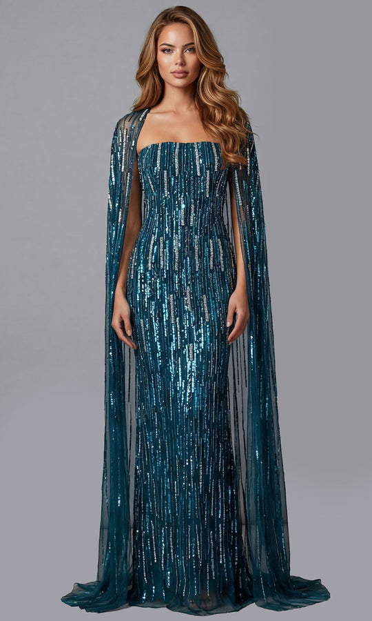 Jovani 46065 - Straight Neck Sequin Gown with Cape Overlay