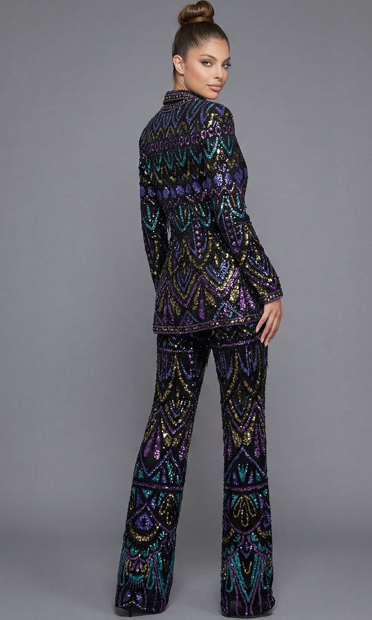 Jovani 46094 - Plunged Neck Geometric Sequin Pantsuit