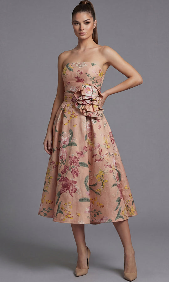 Jovani 46241 - Strapless Floral Print Tea-Length Dress